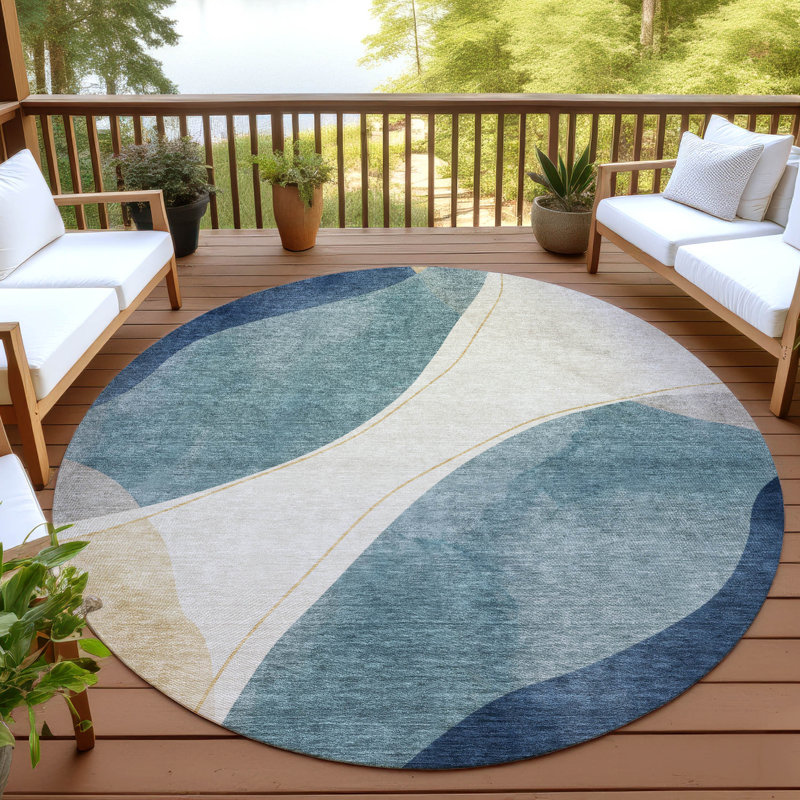 Tapis Chantille ACN3082 abstrait, lavable à la machine, intérieur/extérieur, Marine, 8 pi x 8 pi