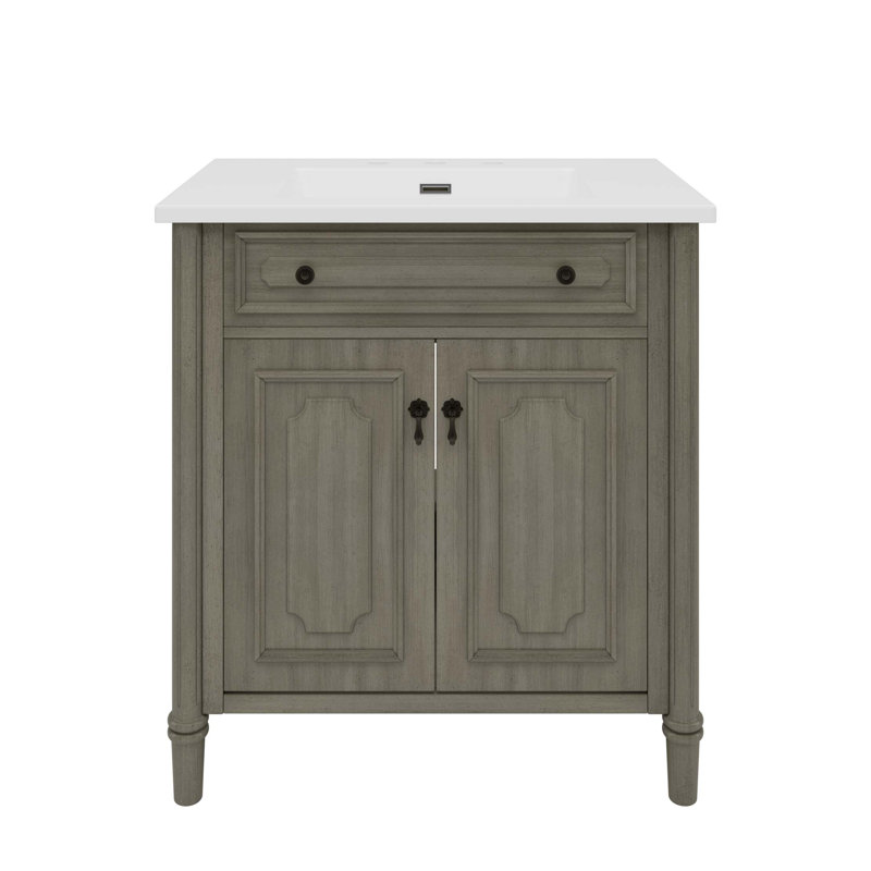 Meuble-lavabo de salle de bain rétro 30 po avec lavabo, armoire de salle de bain rustique avec portes à fermeture en douceur et tablette réglable, conception à profil courbé, pieds en bois d'hévéa