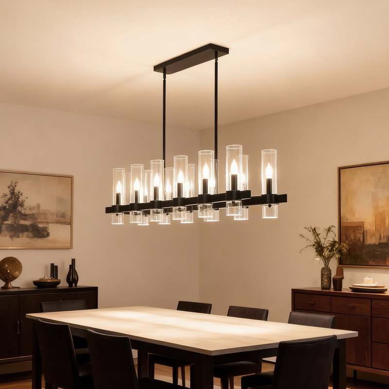 47 Inch 12-Lights Black Chandelier Linear with Clear Glass Shade, 79.9" H x 47" W x 11" D
