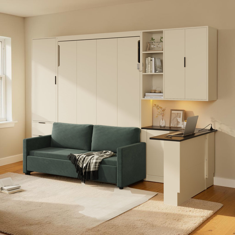 Grand lit escamotable avec canapé et bureau, lit escamotable peu encombrant avec tiroirs et tablettes de rangement, lit armoire à levage hydraulique avec lumière DEL APP et USB