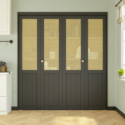 72" x 80" Weavebound Solid Manufactured Wood And Imitation Rattan Hand-Woven Double Bi-Fold Closet Doors With Hardware Kit