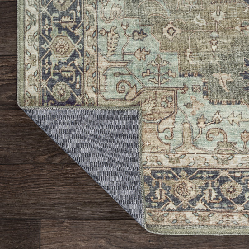 Maris Ornate Medallion Machine-Washable Green/Tan/Blue Rug, Rectangle 3'11" x 6'