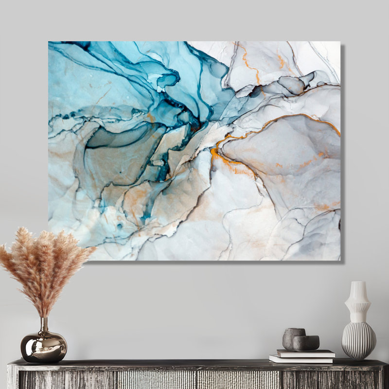 Luxry Blue and Grey Marble Art Ripples - impression sur toile, H 30 po x l 40 po, Toile tendue, Sans cadre
