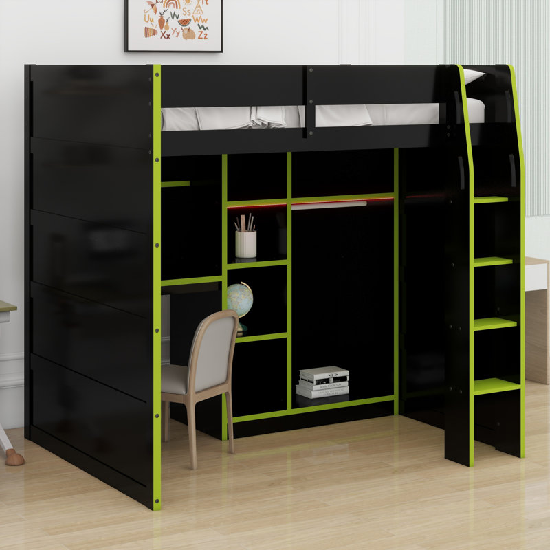 Wood Loft Bed With Desk,Open Wardrobe,Storage Compartments And RGB Lights, Red