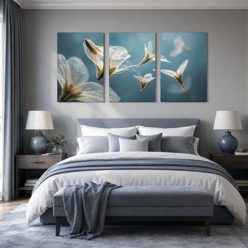 Ensemble de 3 toiles translucides flottantes sur fond bleu, 36"H x 24"W x 3pcs