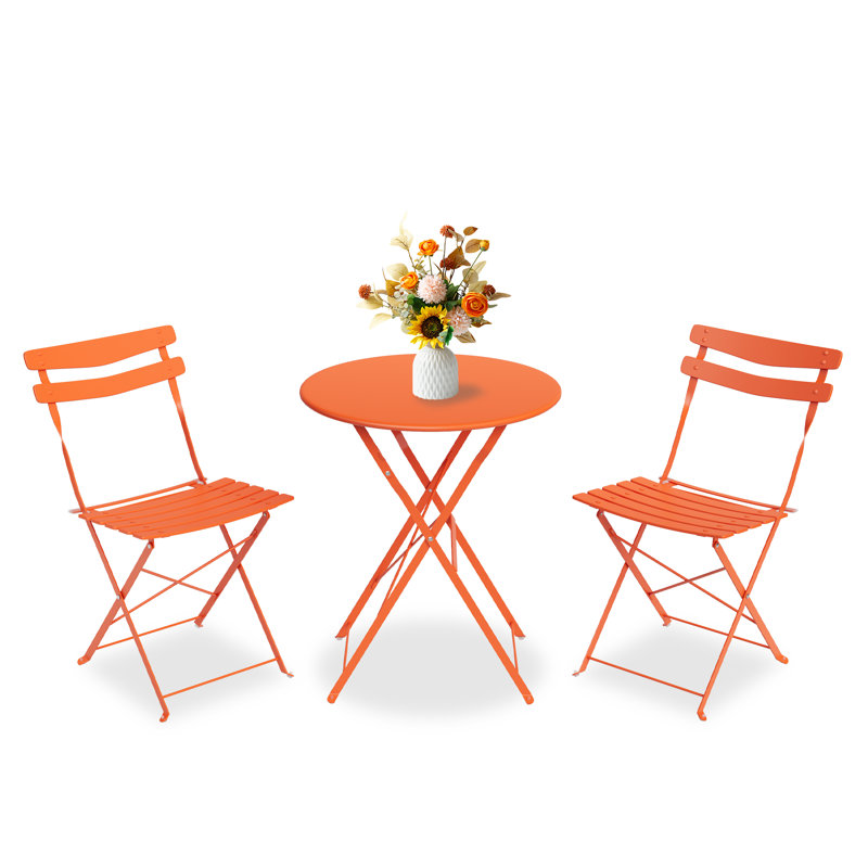 Ensemble bistro 2 places pour terrasse - table ronde pliante et 2 chaises en métal, Orange