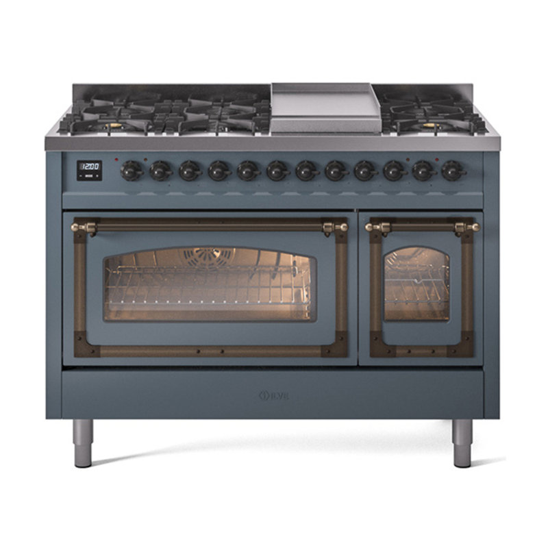ILVE UN48FNMPEGG Nostalgie II Noblesse 48 inch Dual Fuel Range (8 Sealed Burners + Griddle, Triple Glass Door), Blue Gray