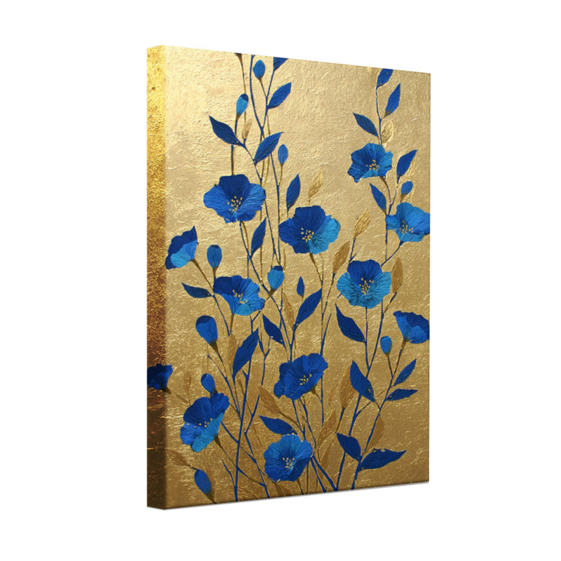 Plants & Flowers Blue Flowers On Gold Background Pattern, 18" H x 12" W