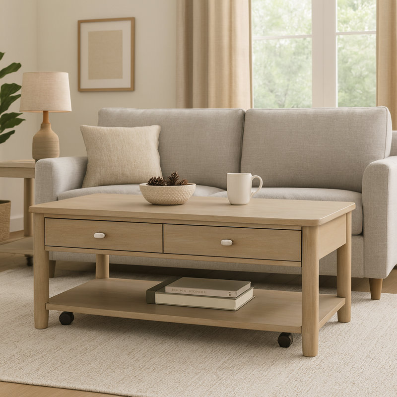 Chenault Acacia Wood Coffee Table with Drawers & Casters