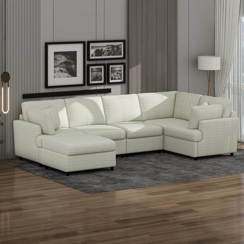U-Shaped Sectional Sofa With Movable Ottoman, 6-Piece Chenille Fabric Sofa Set