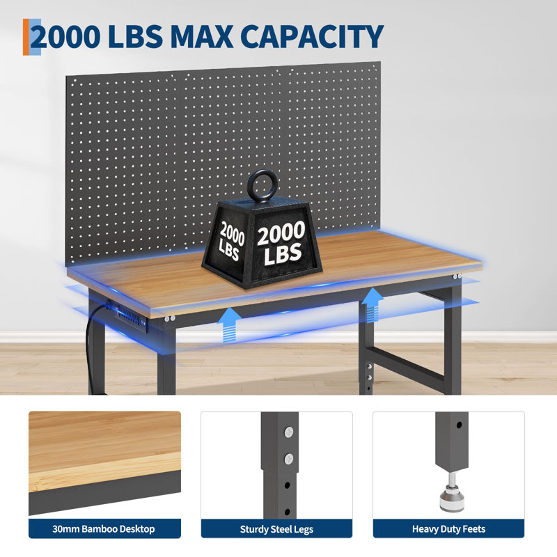 Établi de garage avec panneau perforé, hauteur réglable de 28 à 40 po, capacité de charge de 2 200 lb, table de rangement pour les projets de bricolage