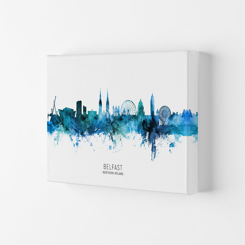 Belfast Northern Ireland Skyline Blue City Name by Michael Tompsett - Print, 21cm H x 29.7cm W x 4cm D, Wrapped Canvas