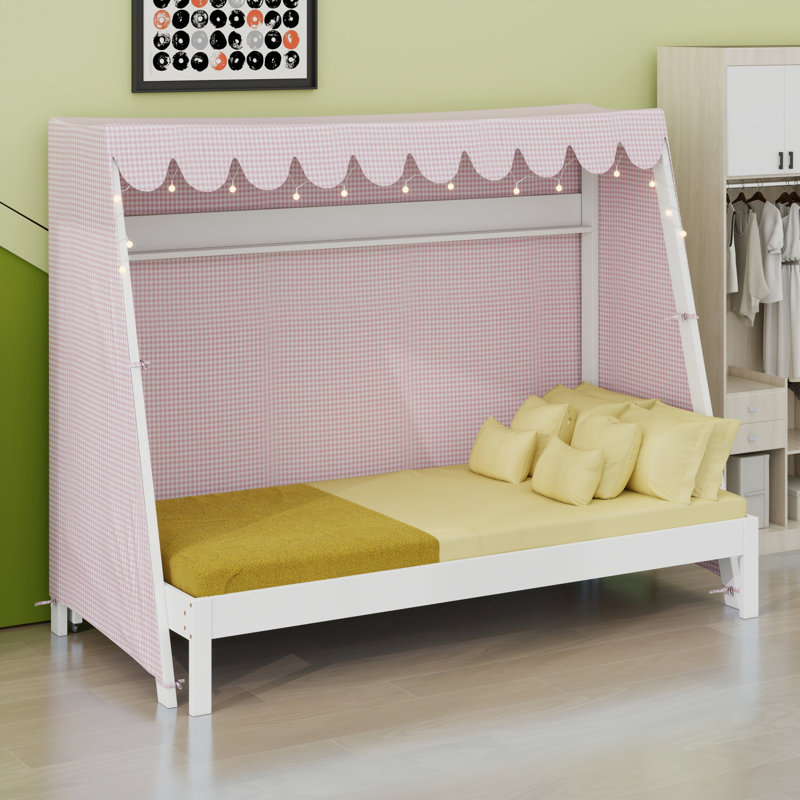 Lit maison avec lit gigogne, tablette de rangement, tente et lumière, White
