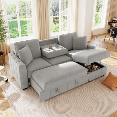 L-shaped Sleeper Sofa With Storage, Acacia Wood, Grey Upholstery For Home
