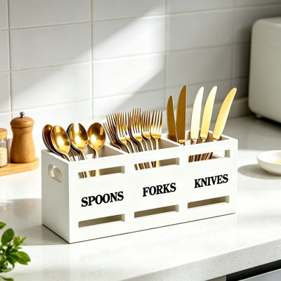 Wooden Kitchen Utensil Holder with Three Compartments, Rustic Cutlery Caddy Organizer for Countertop Storage of Spoons, Forks, and Knives, Elegant White Finish