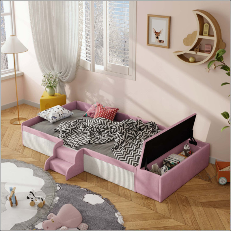 Velvet Upholstered Daybed With Stairs & Gas Lift Storage Ottoman, Contrast Color, Padded Guardrails, Twin, Pink/White