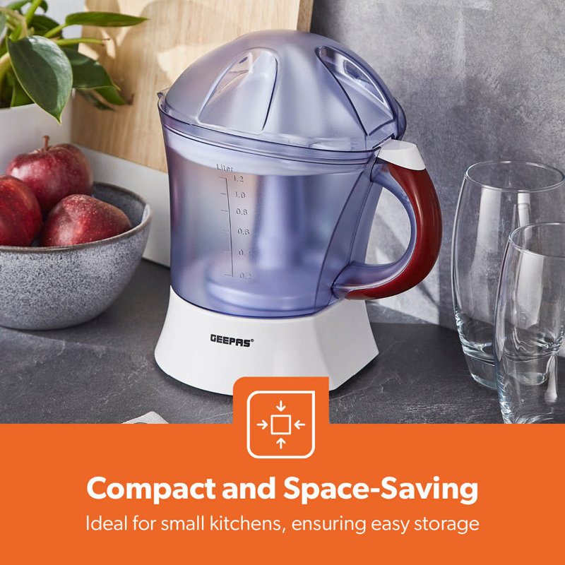 GEEPAS 25W Electric Citrus Juicer | Lemon Squeezer for Orange Lime Grapefruit | 1.2L Capacity Bi-Directional Twist Dual Cone Auto Start | Quick Fresh Healthy Nutritious Juice Daily | 2 Year Warranty
