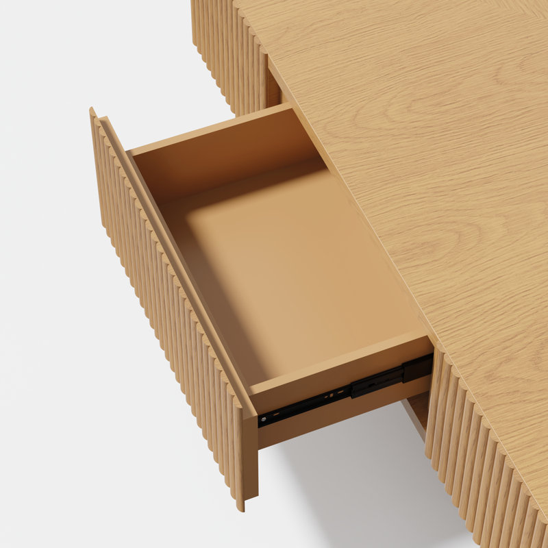  Table basse 35 po carrée en bois massif avec deux tiroirs de rangement, H 13,67 po x L 35 po x l 35 po, Bois naturel