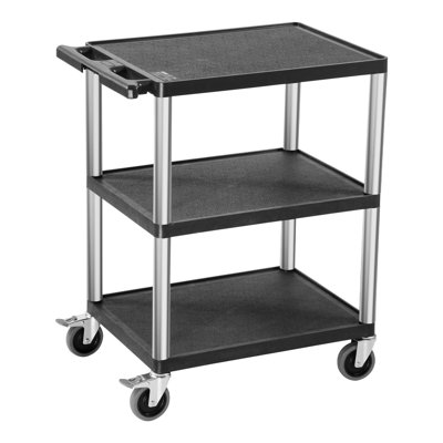 Chariot utilitaire, capacité de charge de 300 lb, chariot de service 27,6 x 18,1 pouces, chariot utilitaire en plastique robuste à trois tablettes avec roues pivotantes à 360 ° (2 avec freins), convient pour l'entrepôt, le garage, le nettoyage