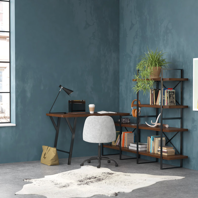 Walnut Wood L-Shaped Writing Desk with Shelves