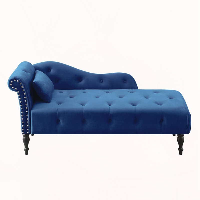 Chaise longue avec boutons capitonnés et pieds en bois massif, Bleu