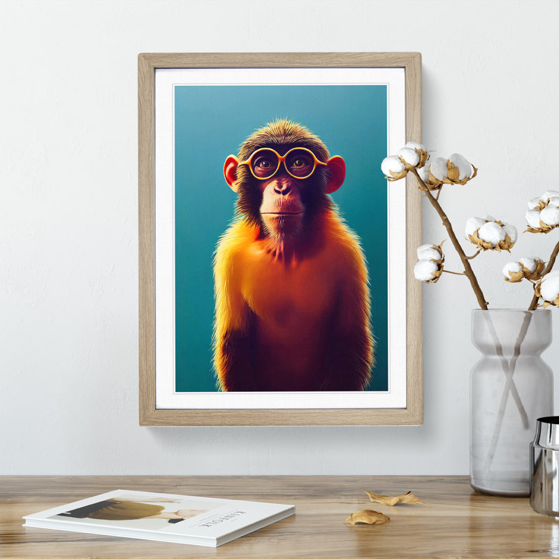 Brainy Monkey - Wall Art, 48cm H x 36cm W, Oak Framed, White