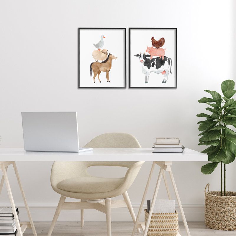 Ensemble de 2 giclées encadrées Whimsical Farm Life Stacks, design par Kim Allen, H 14 po x l 11 po