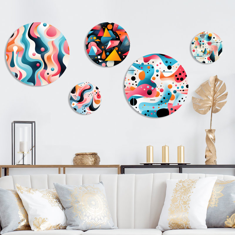 Rose et bleu Mid-Century tendance motifs V - ensemble géométrique d'art mural rond moderne de 5