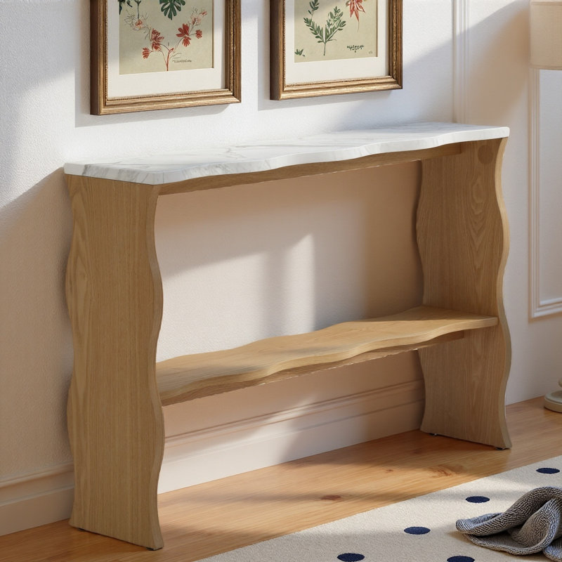 Console style Mid-Century avec motif ondulé et plateau en faux marbre, Bois naturel