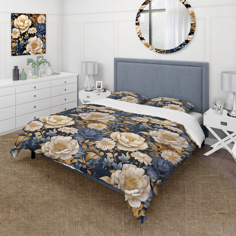 Blue And Beige Peonies Boho Pattern Duvet Cover, Twin Duvet Cover + 1 Standard Sham