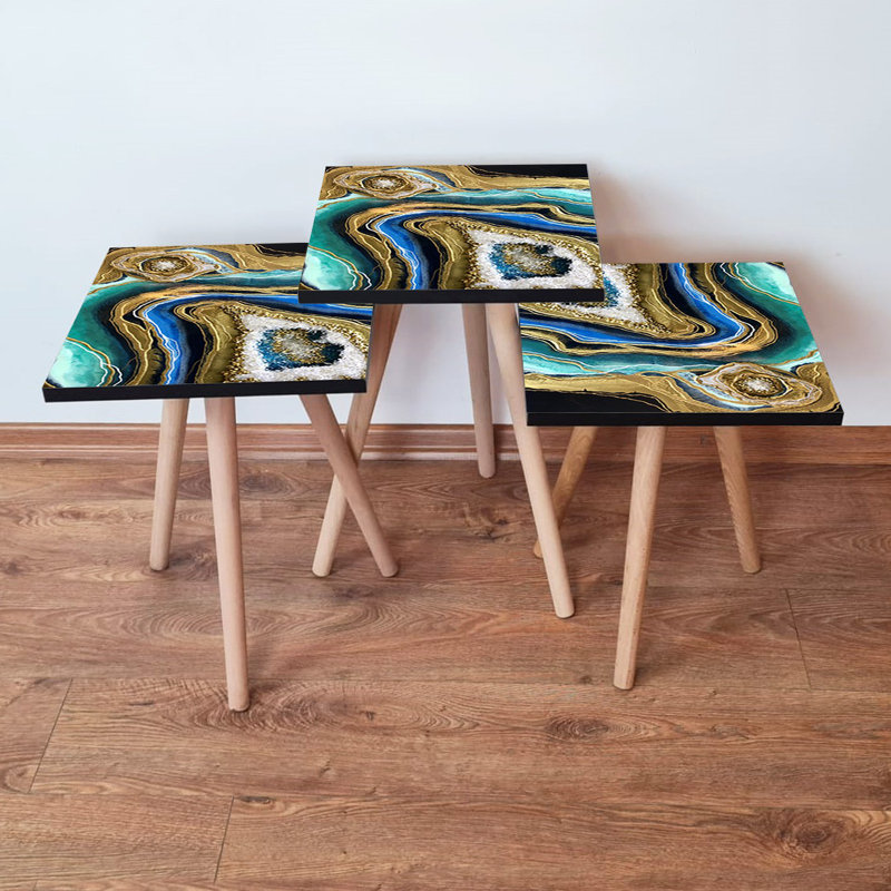 Ensemble de 3 tables gigognes élégantes en marbre abstrait, 1,4 x 1,4 x 1,4 pi | 100% panneau de fibres à densité moyenne avec pieds en bois de hêtre | Grande table: 13,8 x 20,5 x 13,8 po, moyenne: 13,8 x 18,5 x 13,8 po, petite: 13,8 x 16,5 x 13,8 po | Parfait pour le salon et la décoration moderne