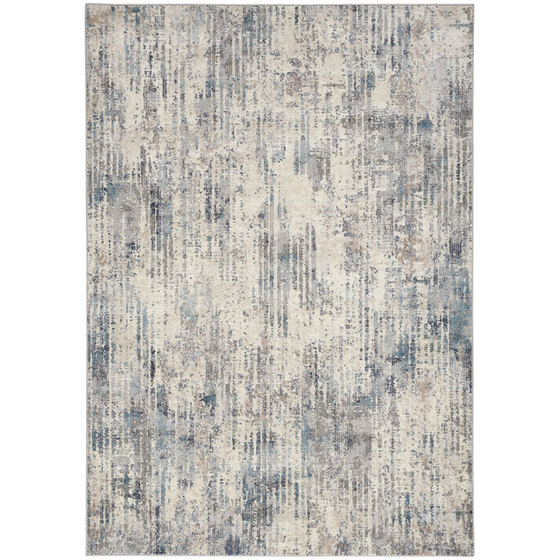 Rectangle  Abstract Machine Woven Polypropylene Indoor / Outdoor Area Rug in Ivory/Gray/Blue, Rectangle 5'3" x 7'3"