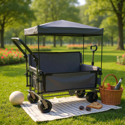 3-In-1 Folding Wagon Cart With Bench Seat & Canopy & Storage, 500Lbs Heavy-Duty, 180L Capacity, All-Terrain Wagon For Camping, Beach, Sports, & Garden, Gray