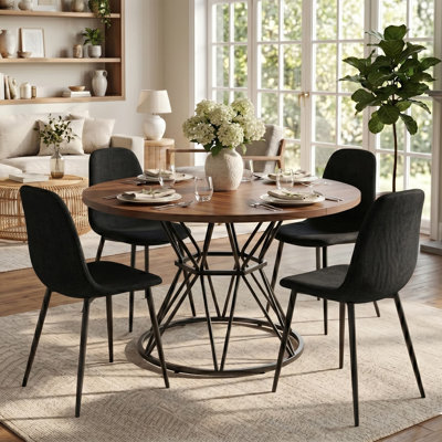 47" Round Dining Table Set For 4, 5-Piece Modern Industrial Kitchen Table And Chairs With Faux Wood-Grain Tabletop & Linen Chairs, Black Metal Geometric Pedestal Base