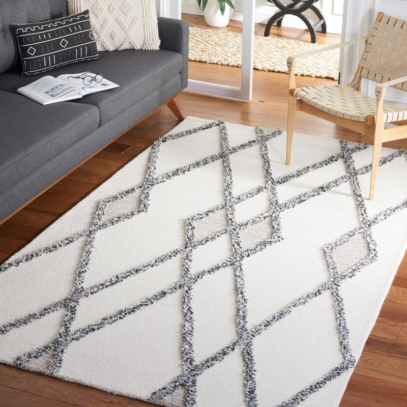 Papke Geometric Handmade Tufted Cotton/Wool Ivory Area Rug, Rectangle 5' x 8'