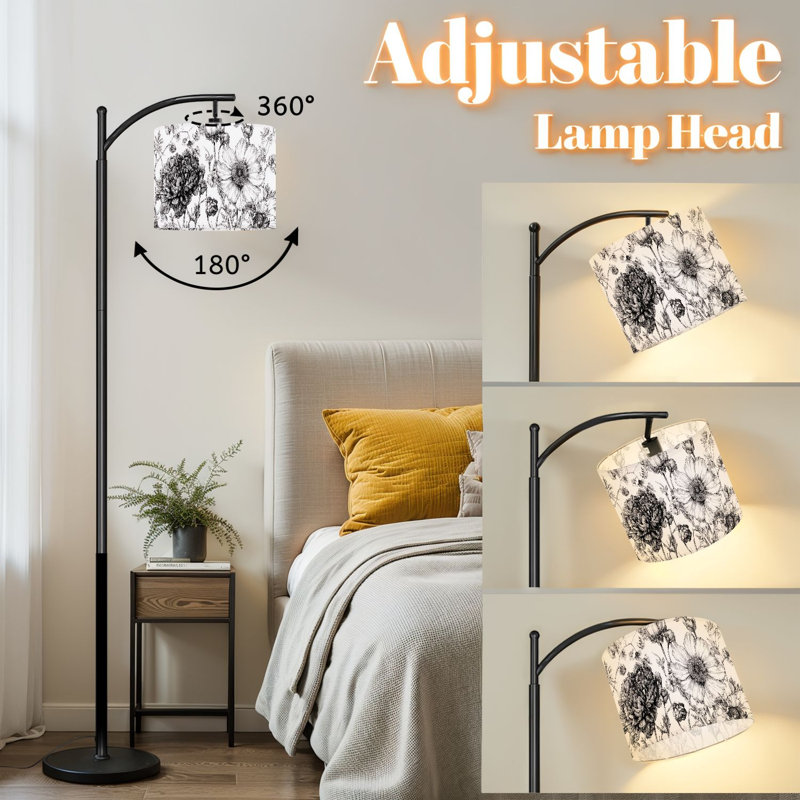 Lampe sur pied à arc avec abat-jour réglable noir crème blanc à motif floral printanier Lampe sur pied 3 températures de couleur à intensité variable pour poteau avec interrupteur au pied pour la chambre à coucher
