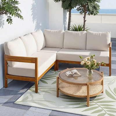 Acacia Solid Wood Patio Furniture Set, Outdoor L-Shaped Corner Sofa with 6 Soft Cushions, Rounded Arc Frame Design, All-Weather Conversation Set for Backyard, Garden, or Deck