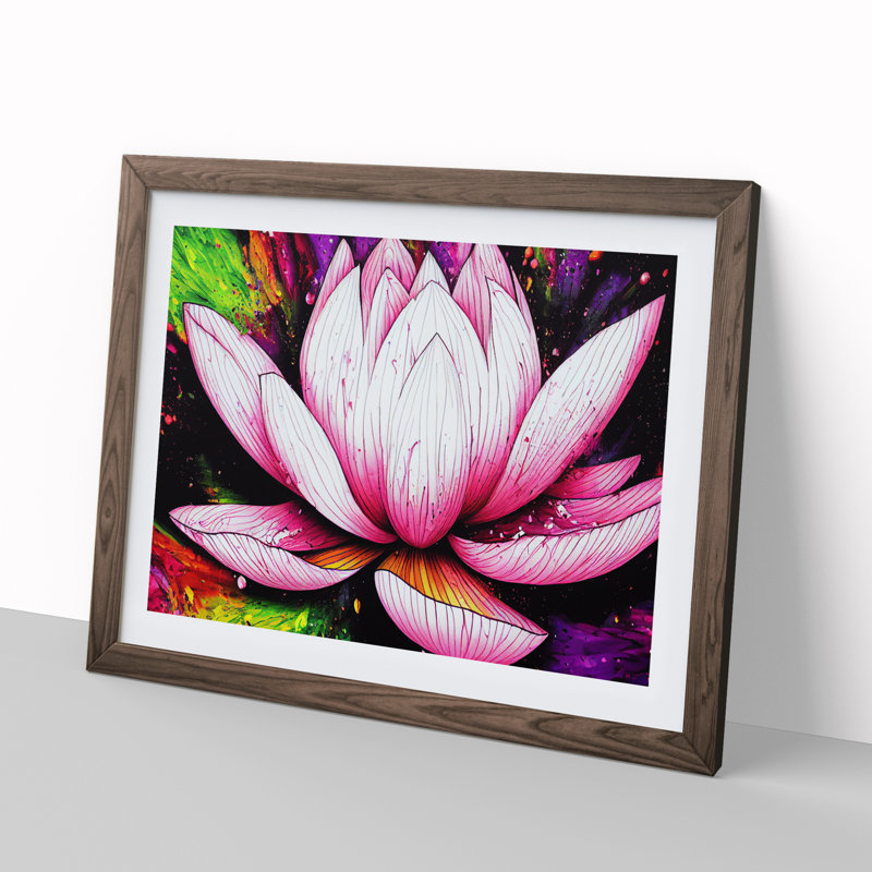 Lotus Flower Paint Splatter (5) - Single Picture Frame Print, 25cm H x 34cm W, Walnut