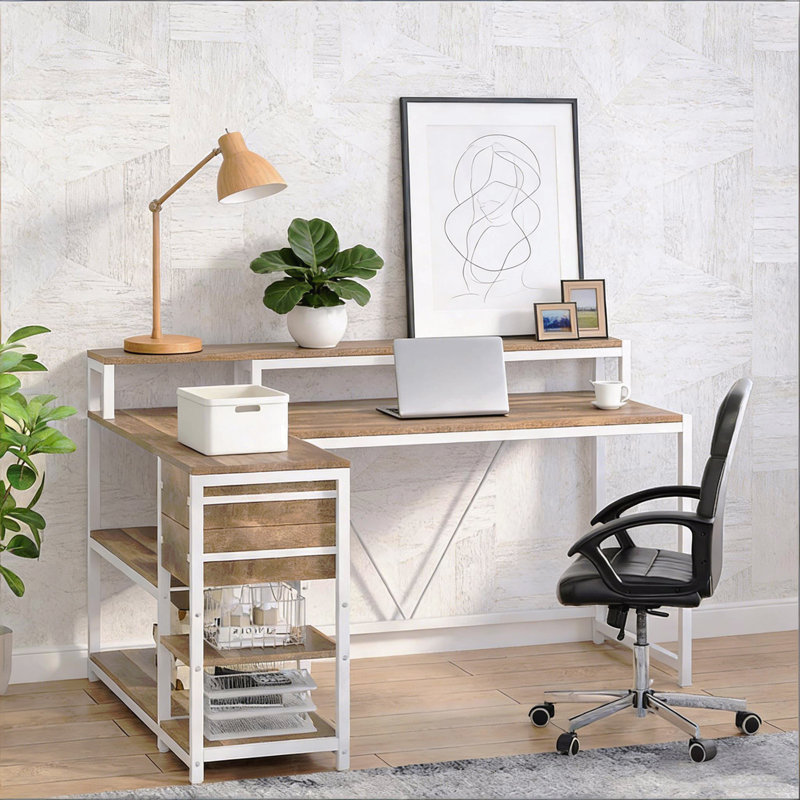 Office Desk,L-Shaped Office Desk,Reversible Computer Desk, Brown