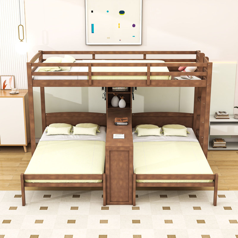 Lit superposé simple au-dessus de simple et simple en bois avec bureau intégré, tablettes Wood, Naturel