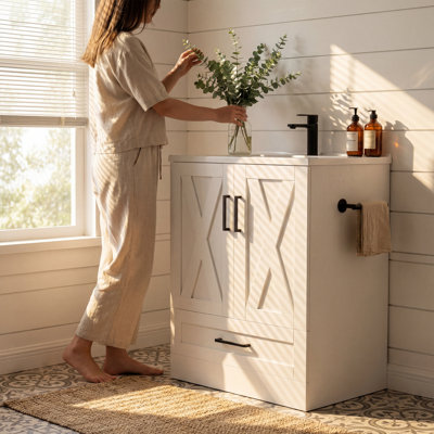 24" Modern Minimalist Bathroom Vanity With Resin Sink, Single Drawer & Double Door Storage Cabinet