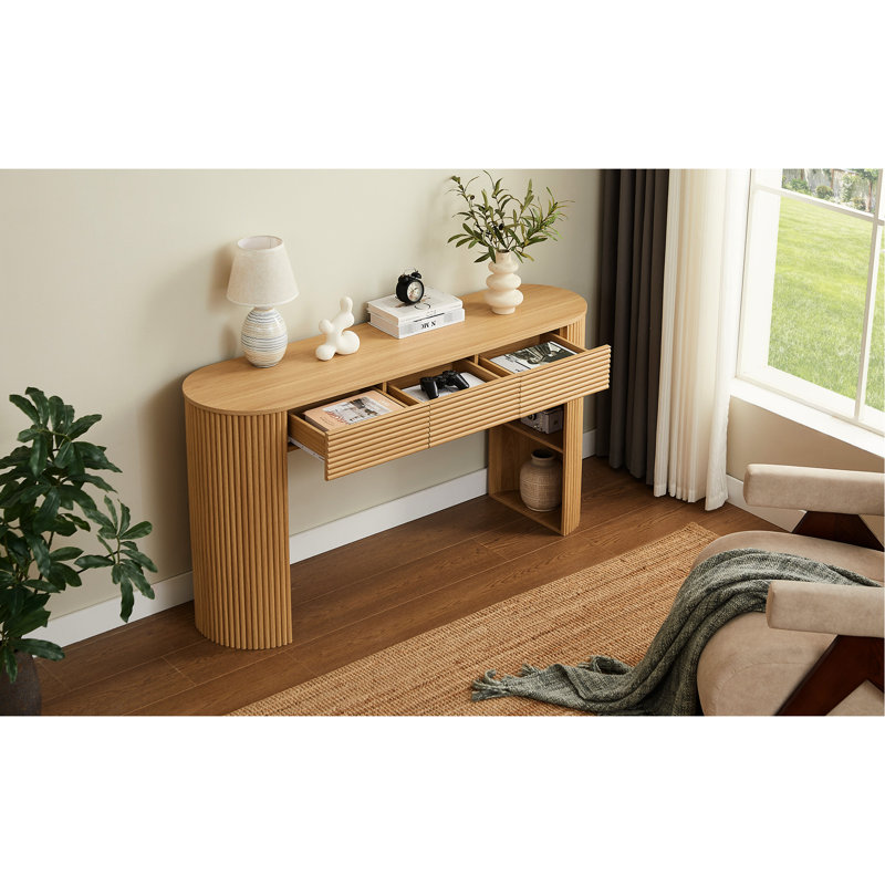 Console de style Mid-Century rétro, 3 tiroirs, niche de pied de table, aspect grain de bois naturel, assemblage facile, convient aux vestibules avec lattes rondes, appareils de construction, basculeurs, salon