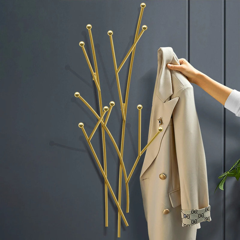 Modern 11-Hook Wall Mounted Coat Rack in Gold with Tree Branch Shape