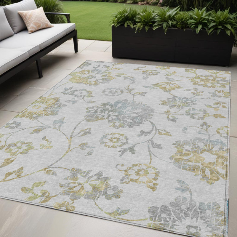 Tapis d'intérieur lavable à motif floral gris argenté et doré 5 pi x 8 pi