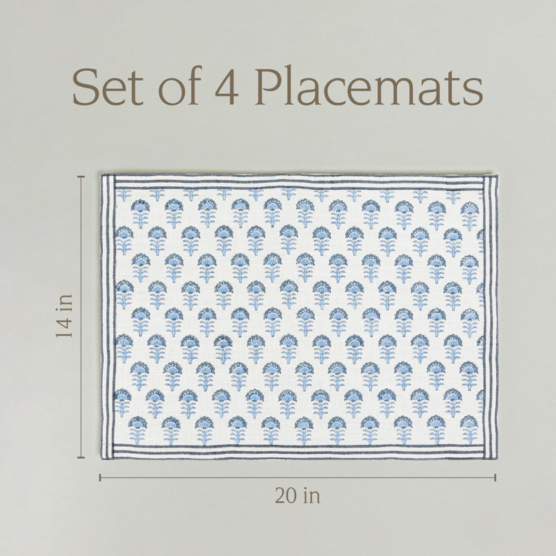 over&back Hand-Blocked Placemats, Set of 4, Blue Flower