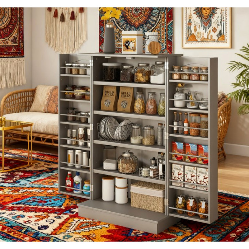 Armoire de cuisine réglable à 5 niveaux avec portes magnétiques doubles et 12 tablettes épices, grises, 3 niveaux, conception basculante, tablettes de finition à assemblage requis pour les articles de grande taille, sangles, facile à assembler