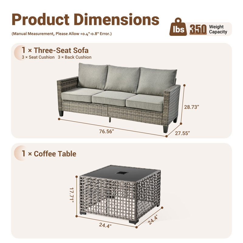 Allcot 76.56'' Wide  All-Weather Wicker Patio Sofa with Lighted Coffee Table and Cushions, Dark Gray