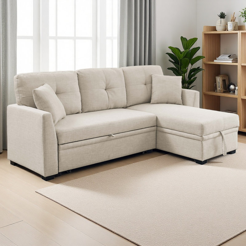 Canapé modulaire 76,5 po en mélange de lin avec lit escamotable et méridienne, Amande