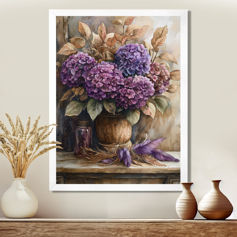 Hydrangeas With Feathers - Floral Wall Art, 32" H x 24" W, Picture Framed, White