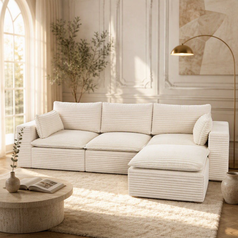 Canapé d'angle modulaire en velours côtelé de 278 cm (109,4 po), canapé infonuagique avec pouf, sans assemblage